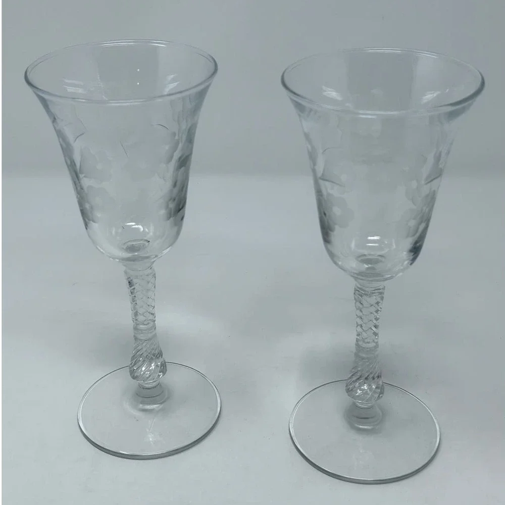Etched Floral Set‎ of 2 Goblet Stemmed Glasses Cut Stem 8